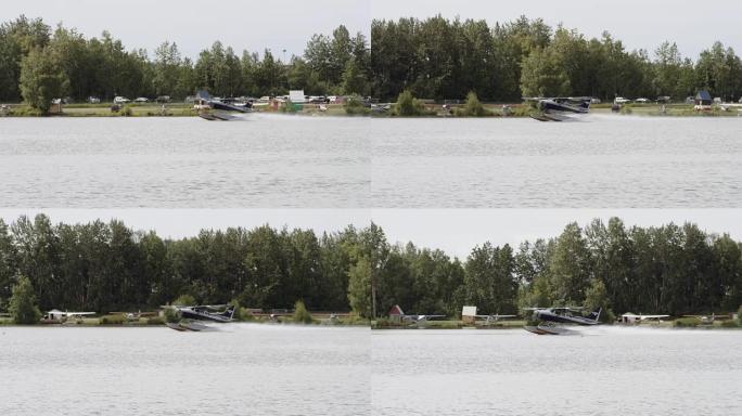 超高清4K SLOMO:漂浮飞机飞进和出一个夏天的下午的一个湖