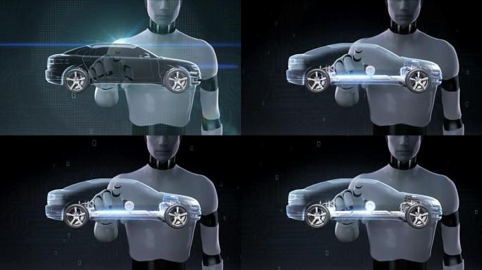 机器人，机器人触摸电子，离子电池混合动力汽车。给汽车电池充电。电池电量检查，未来汽车2。