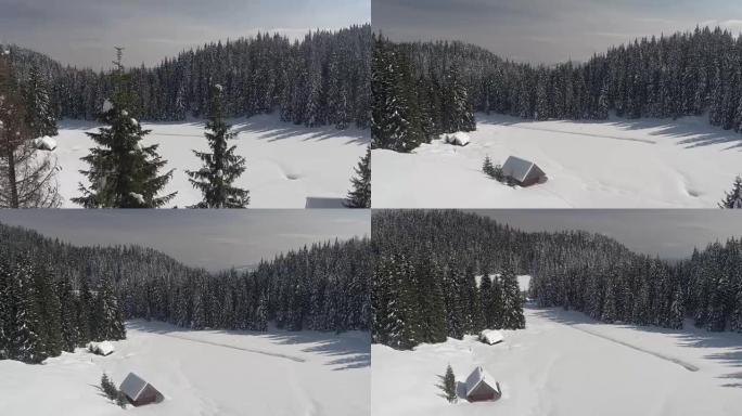 空中: 冬季白雪皑皑的云杉森林中的高山小屋