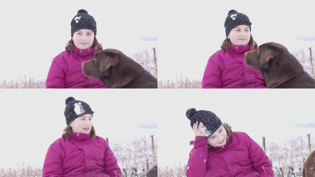 4k女孩带狗被雪球击中，慢动作