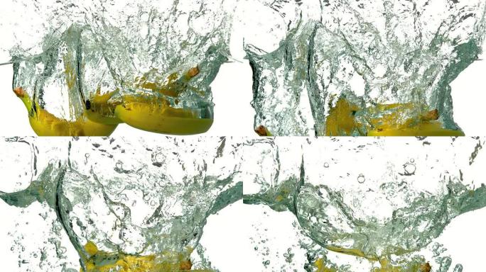 一堆香蕉在白色背景下陷入水中
