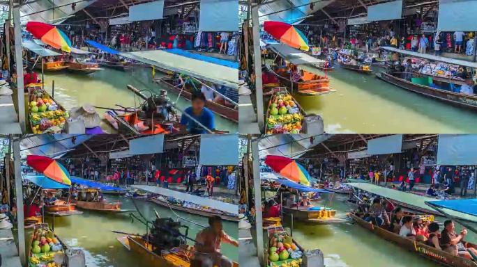 泰国Damnoen Saduak浮动市场的4k延时游客