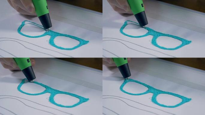 3D笔用塑料制作真正的眼镜。工作中的创新生产技术