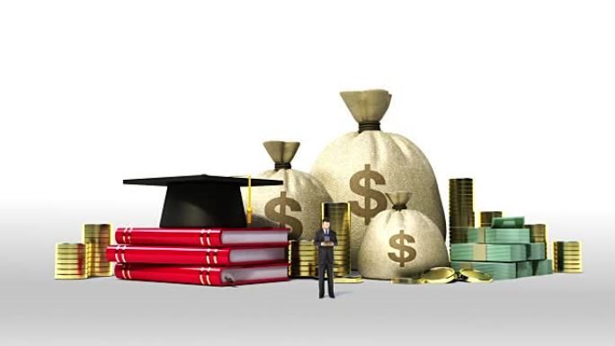 教育费用下降贷款标志，书本上的毕业帽