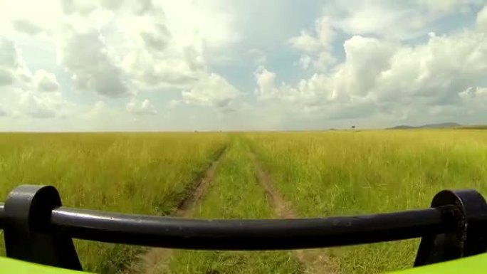 吉普车驶过肯尼亚国家公园马赛马拉