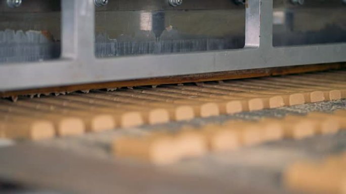 糖果工厂切割糖果专用设备的特写视图。