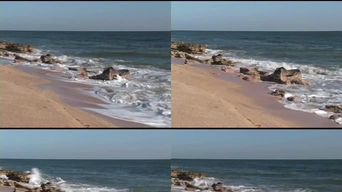 岩石海岸上的波浪破碎