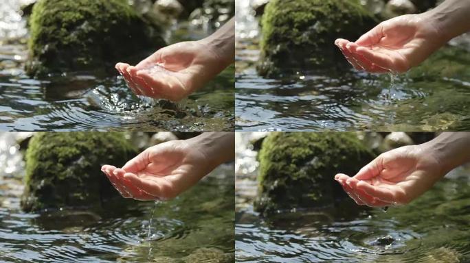 慢动作: 纯山泉用手舀淡水