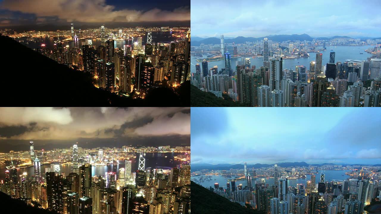 香港日落高清白天到夜晚日转夜高楼大厦
