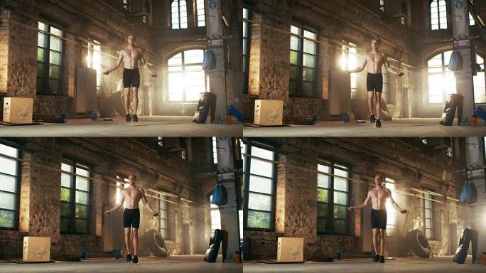 肌肉健康的人在一个废弃的工厂硬核健身房用跳绳锻炼。他从他的交叉健身疲劳训练中出汗。