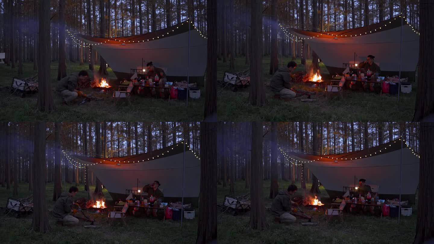 森林户外露营篝火