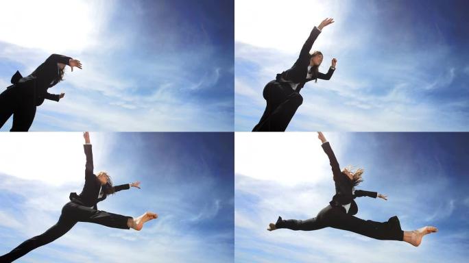 高清超慢动作: 女商人表演体操跳跃