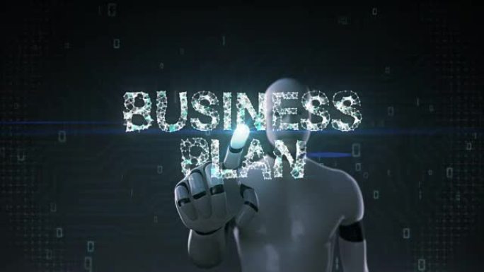 机器人，半机械人触摸无数点聚集在一起发出字母。“商业计划” 之一。