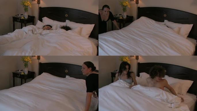 HD：酒店幽默：女仆在情侣床上铺床