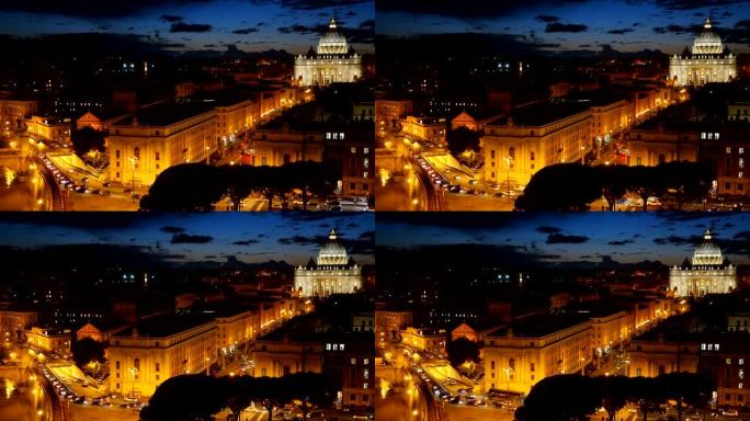 梵蒂冈圣彼得大教堂。意大利罗马。日落后的景色