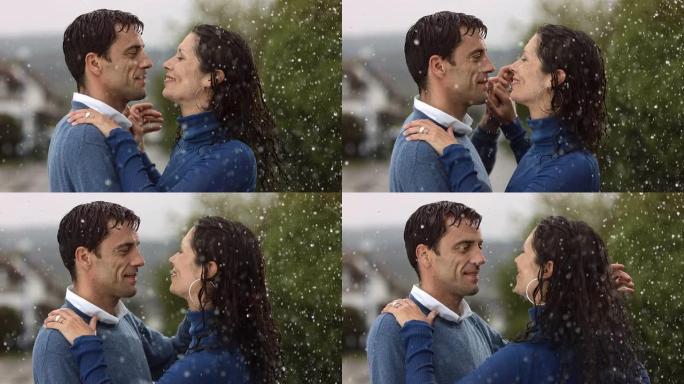 高清超慢动作: 情侣在雨中跳舞