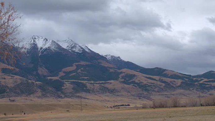 裸露的树冠揭示美国蒙大拿州风景秀丽的乡村和落基山脉
