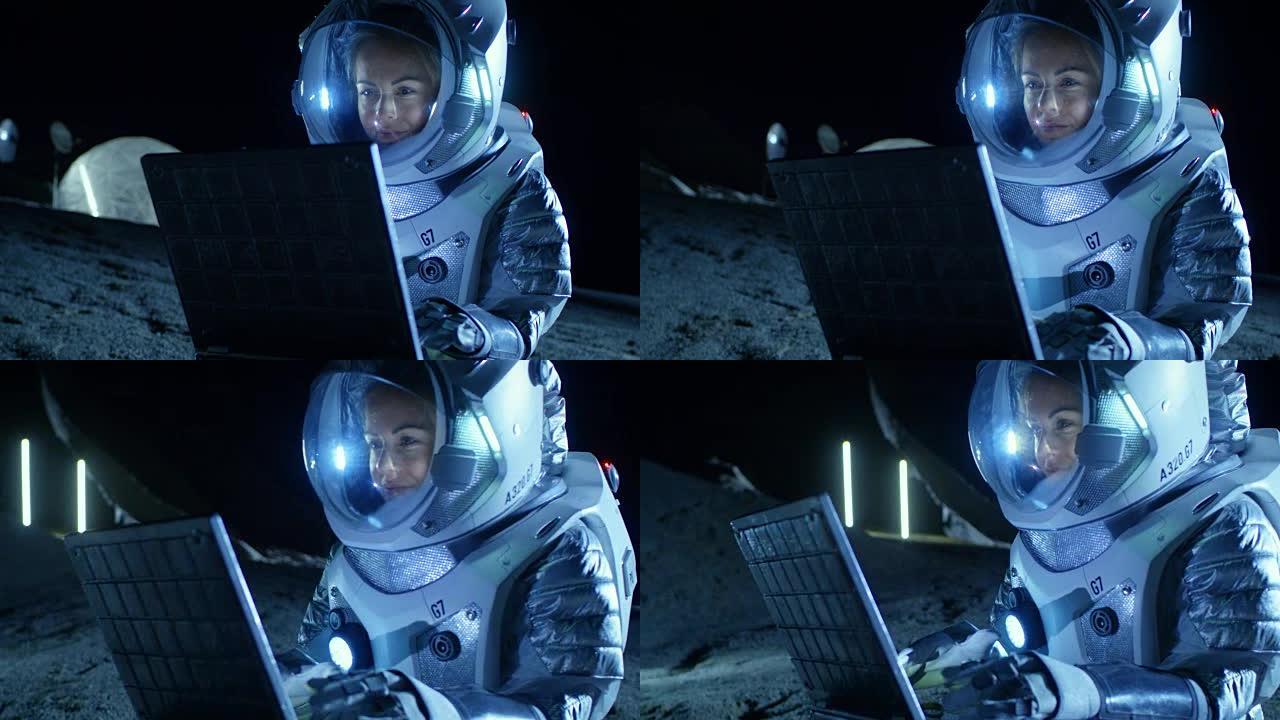 穿着太空服的女宇航员在笔记本电脑上工作，探索新发现的行星，与地球交流。在背景空间栖息地。殖民的概念。