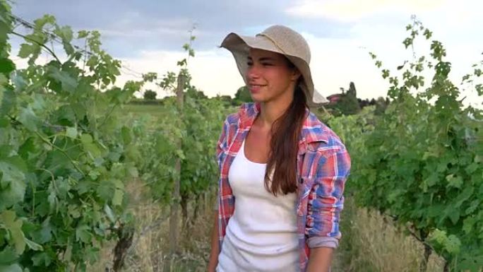 美丽的女孩 (女人) 农民微笑着看着葡萄田，拿着一块黑色的木板，穿着衬衫，戴着草帽。概念生态、葡萄酒