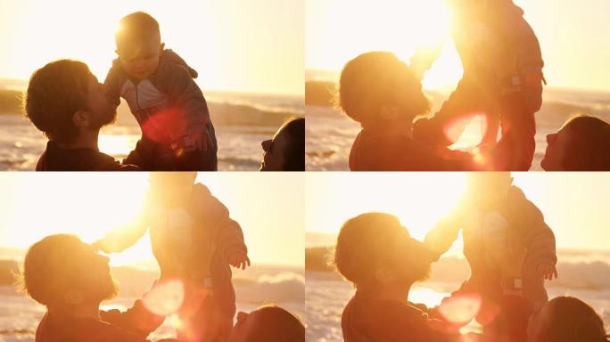 父亲和母亲在海滩上玩他们的男婴4k