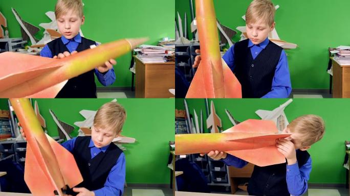 小学生考火箭模型。特写。4K。