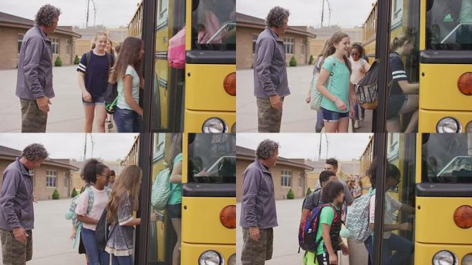 公共汽车司机将学生带到公共汽车上
