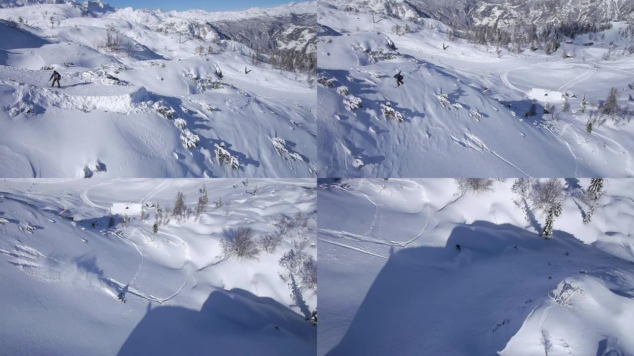 空中: 单板滑雪运动员跳粉踢脚