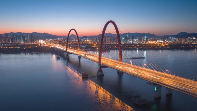 杭州之江大桥蓝调夜景航拍延时