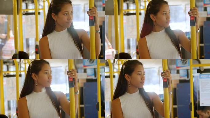 十几岁的女孩在公共汽车上旅行4k