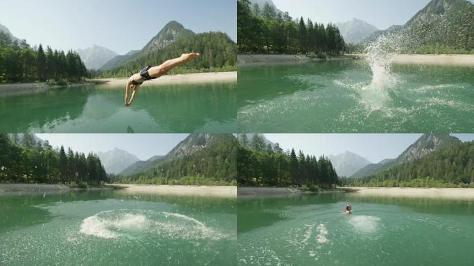 慢动作特写: 年轻的高加索女人在夏天美丽的晴天跳进水晶般清澈的山湖