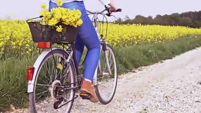 SLO MO快乐的年轻女子在黄色的油菜籽田边骑自行车