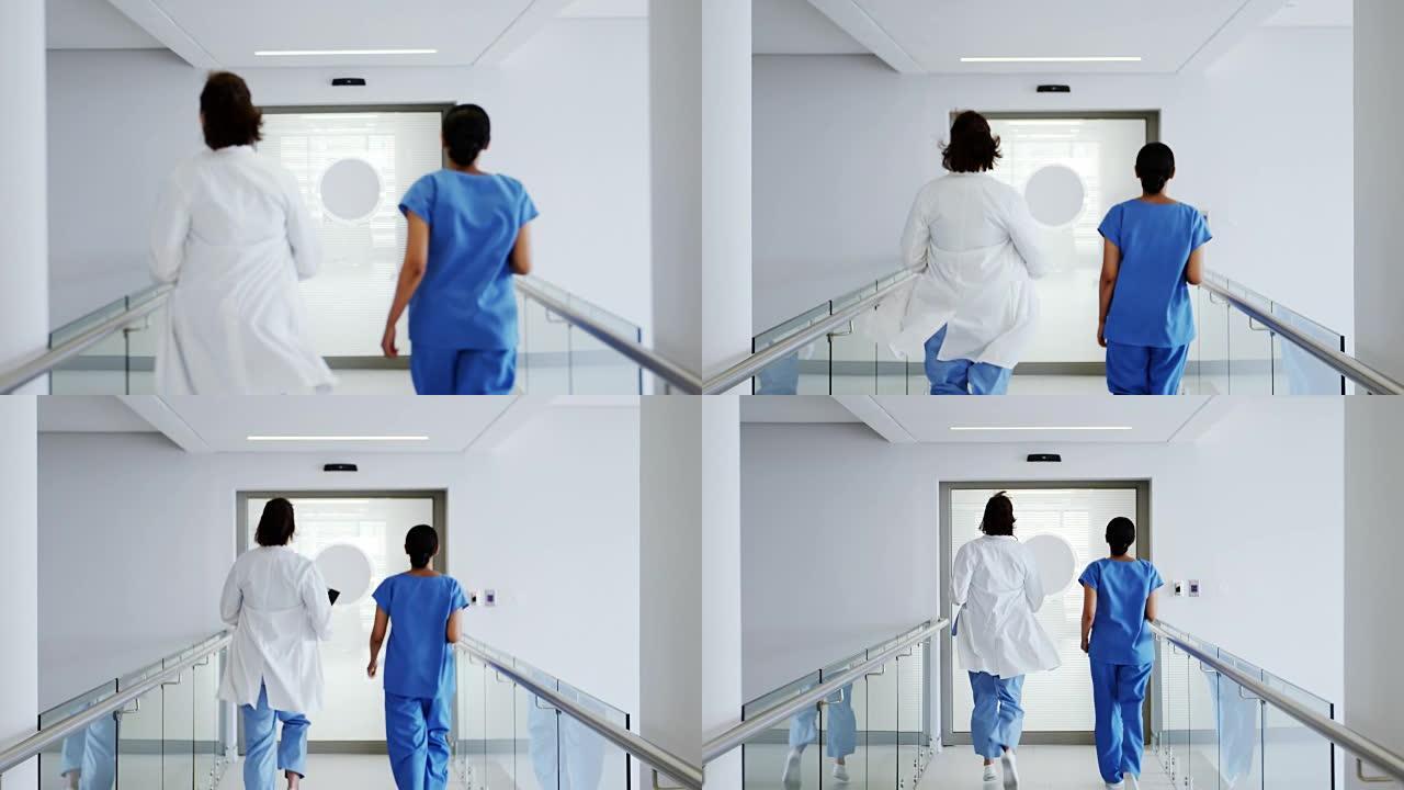 医生和护士在医院的通道中奔跑