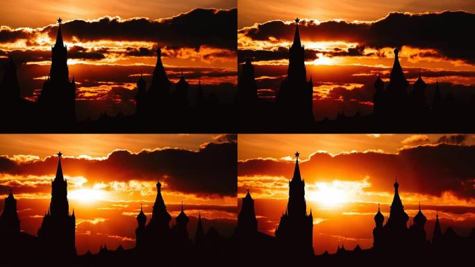 莫斯科历史中心红场和克里姆林宫塔楼剪影上华丽日落的延时