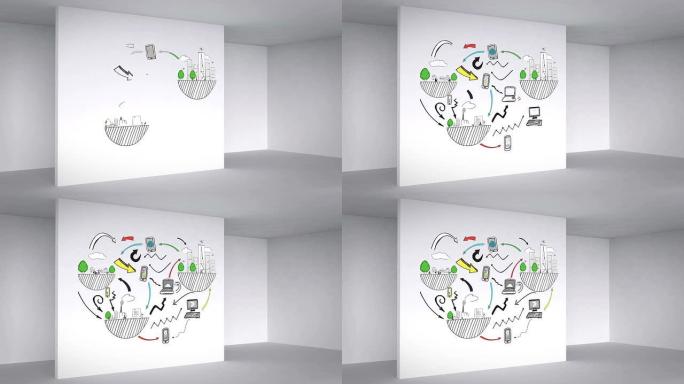 彩色动画显示3d房间和全球影响力