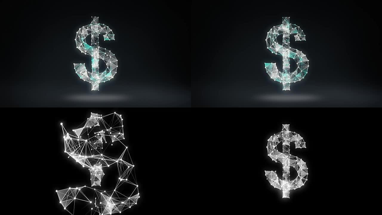 许多点聚集在一起，创建一个美元货币符号，低多边形网络。