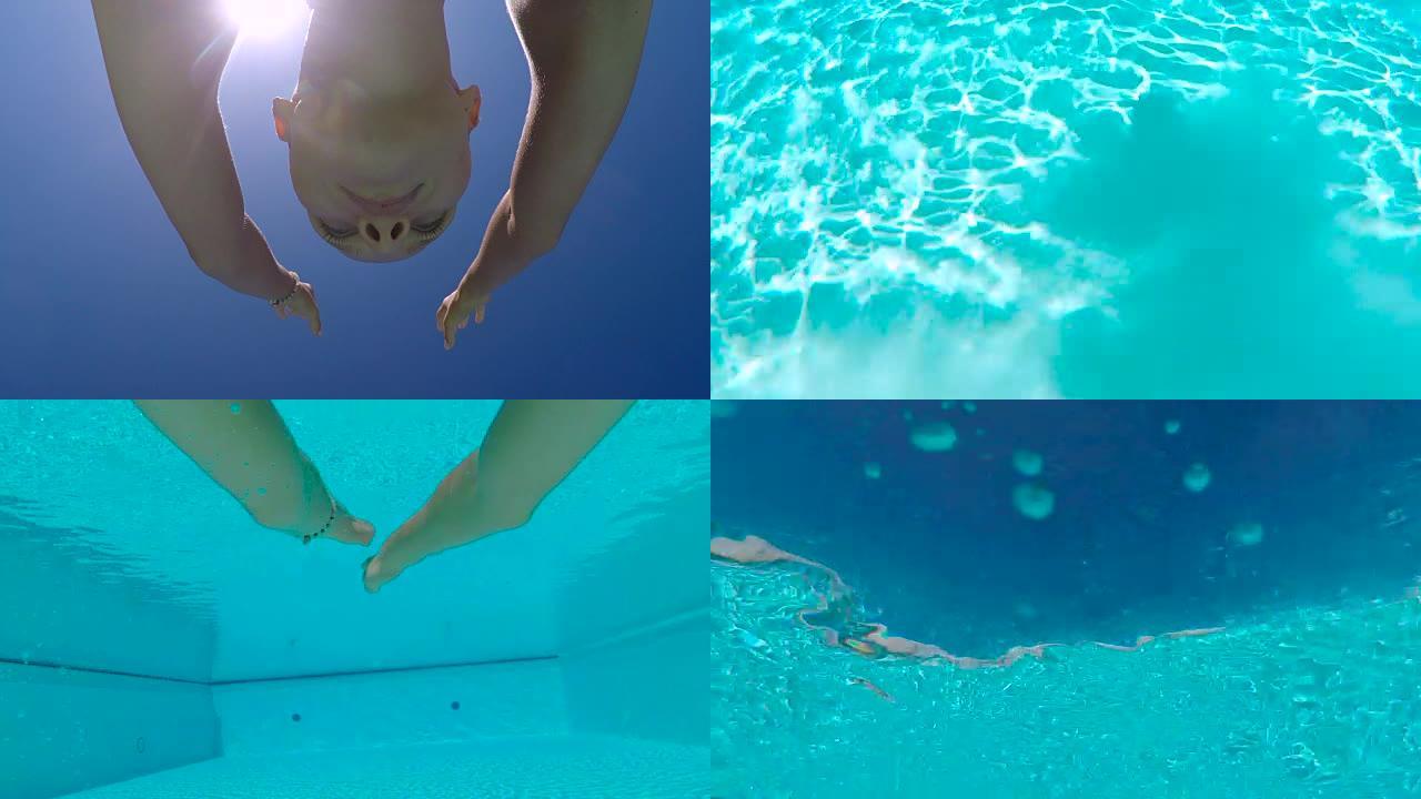 FPV，低角度视图: 快乐的女人首先跳入游泳池，潜水