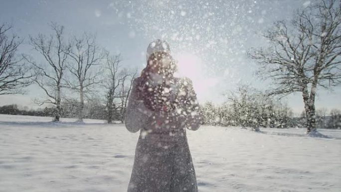 慢动作: 微笑的年轻女子将雪吹入相机