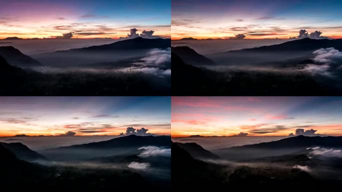 印度尼西亚爪哇。爪哇岛的晨间自然景观。日出云和雾山。UHD 4K