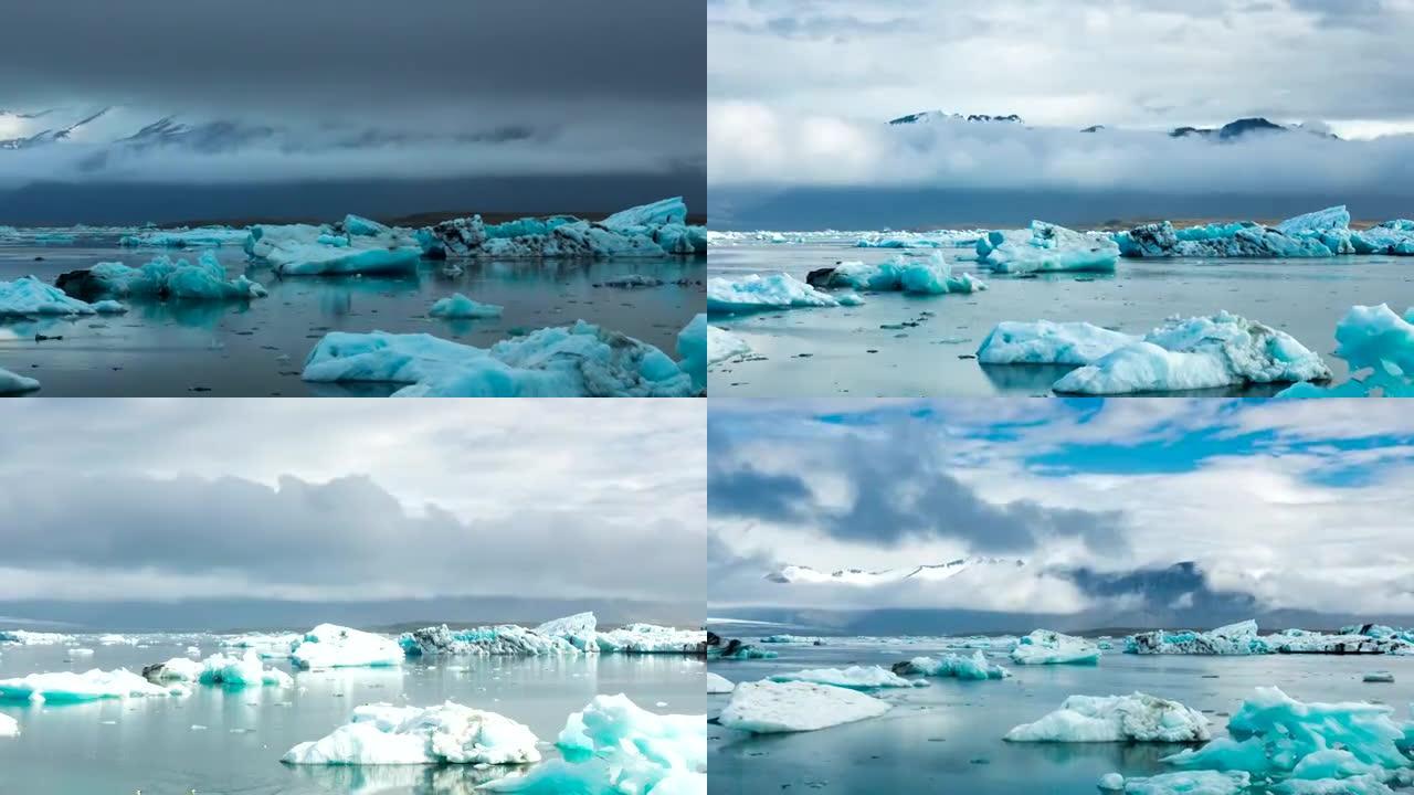 蓝色冰山漂浮的时间流逝