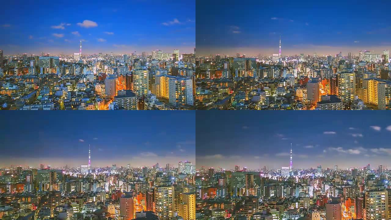 4K.与日本东京塔临近的东京市的延时视图