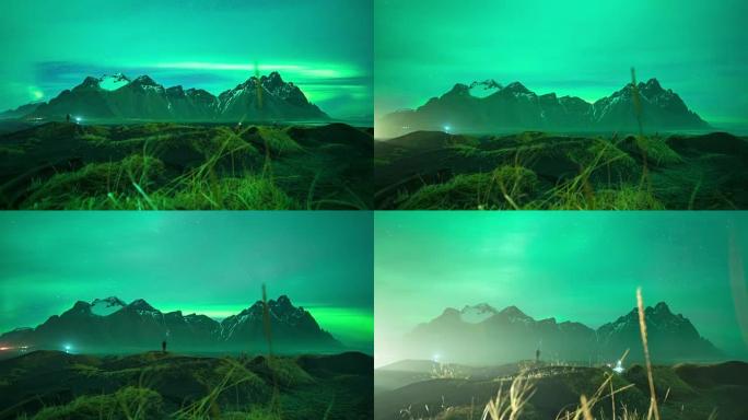 在Stokksnes冰岛的夜空中的北极光 (极光) 或极光
