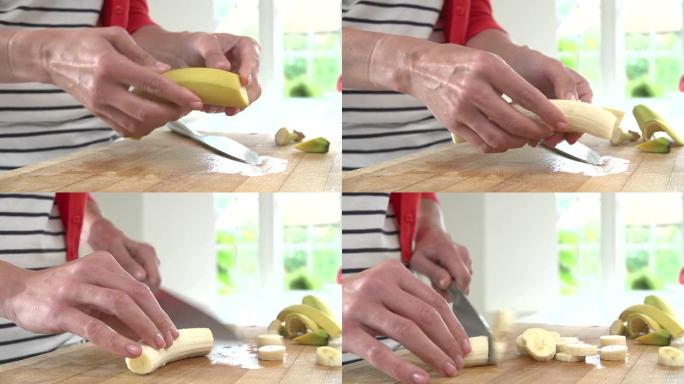 女人剥香蕉切片的时间流逝序列