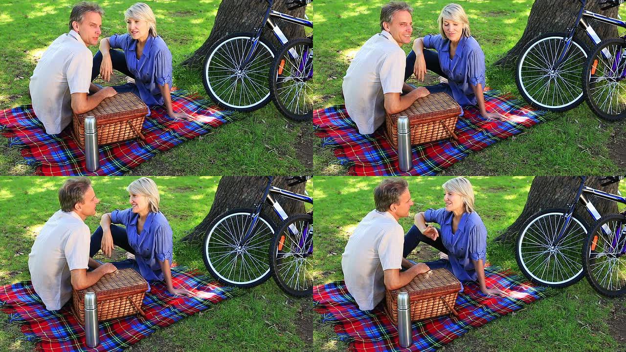 幸福的夫妇在公园野餐