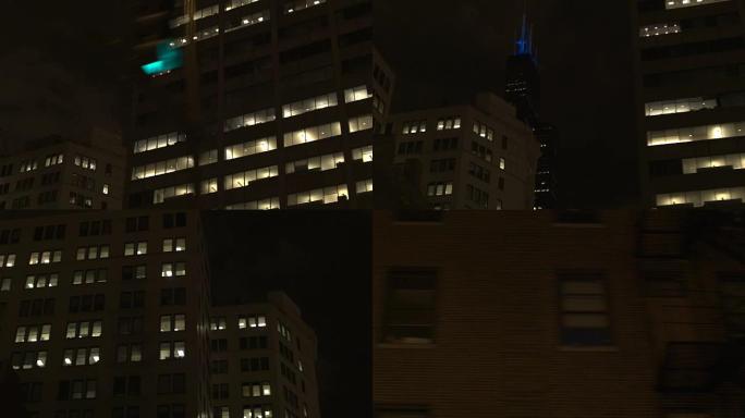 特写: 驶过美国芝加哥市中心巨大的多层办公楼