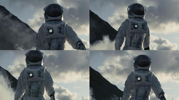 中镜头的宇航员穿着宇航服行走和探索灰色冰冻岩石外星球。科技进步带来了太空探险、探索和殖民。