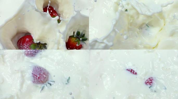 草莓在慢动作中落入乳白色奶油