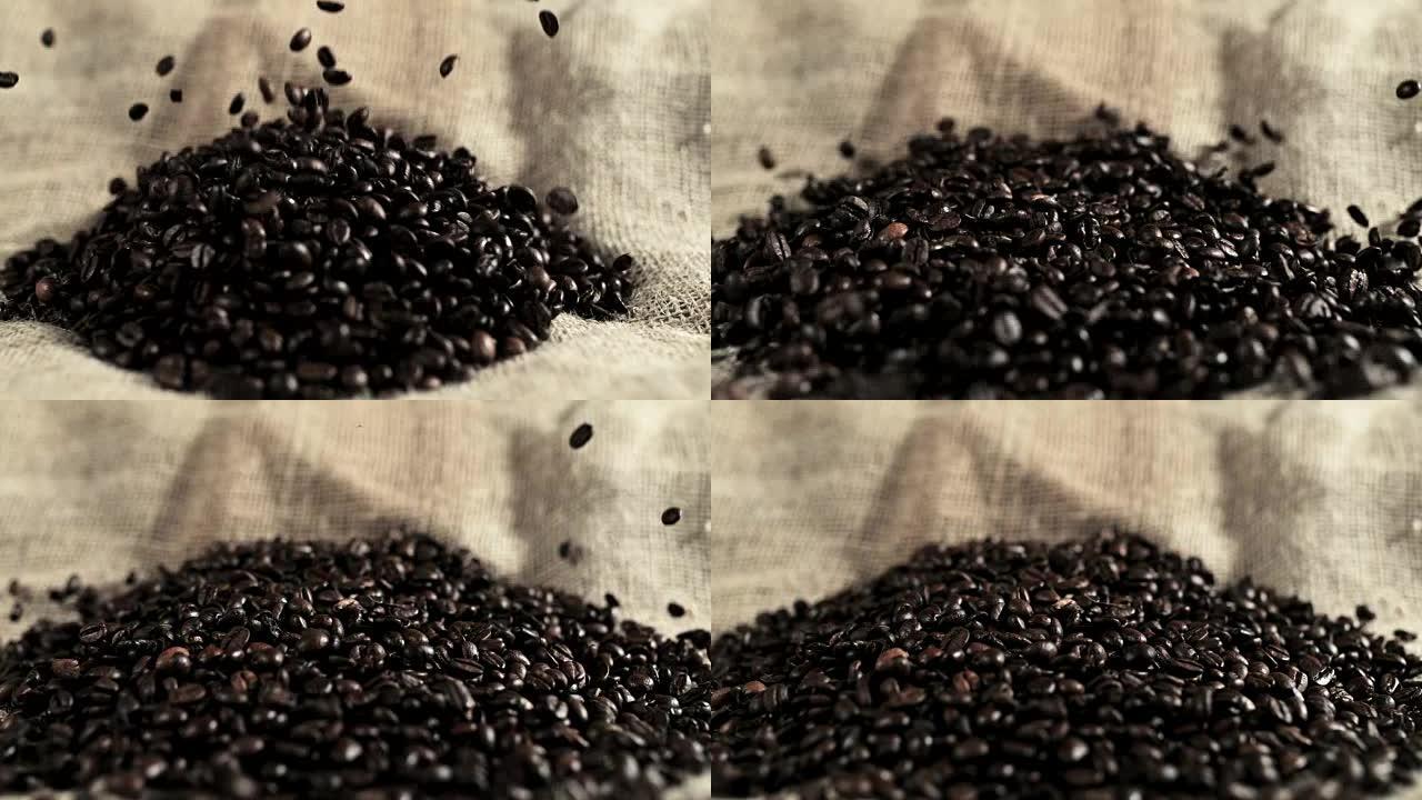 SLO MO咖啡豆落在亚麻布上