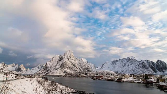 挪威罗弗滕群岛多云湖的俯视图景观雪山的4k时间流逝