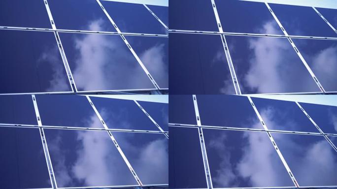 天空反射在矩形太阳能组件的表面上。太阳能电池板农场。