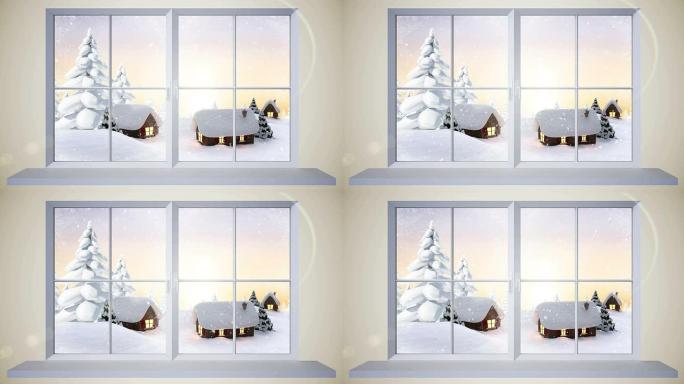 窗户显示积雪落在村庄